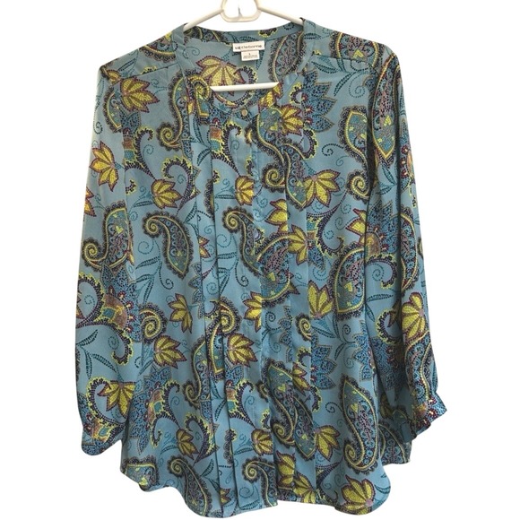 Liz Claiborne Tops - Liz Claiborne Womens Teal Paisley Pleated Front Long Sleeve Blouse Size L